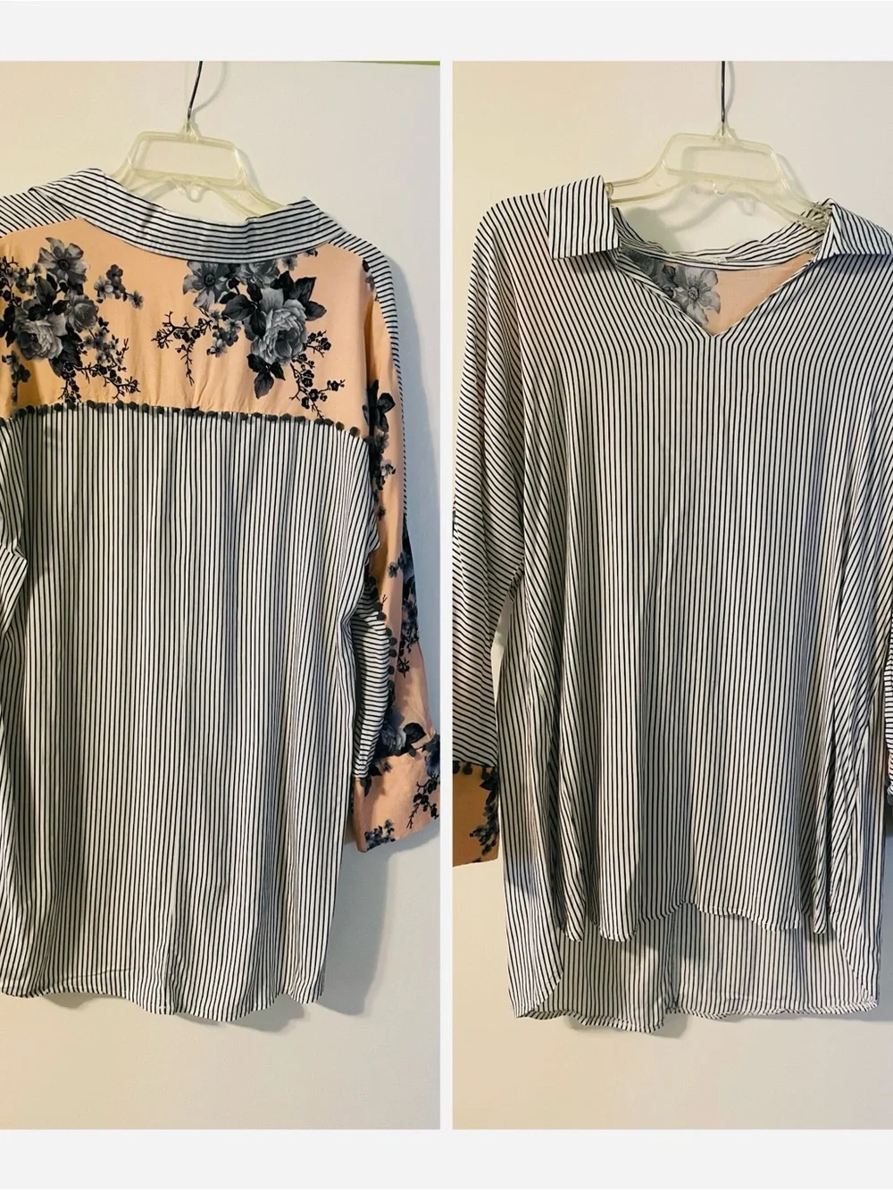 Striped V-Neck Mixed-Print Blouse in Peach and Navy Floral Large